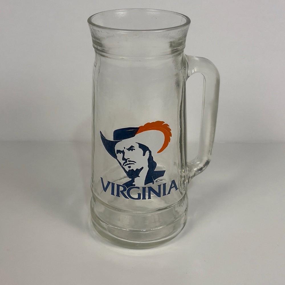 Vintage UVA Virginia Cavaliers Glass Beer Stein Mug Cavalier Logo Barware 16 oz